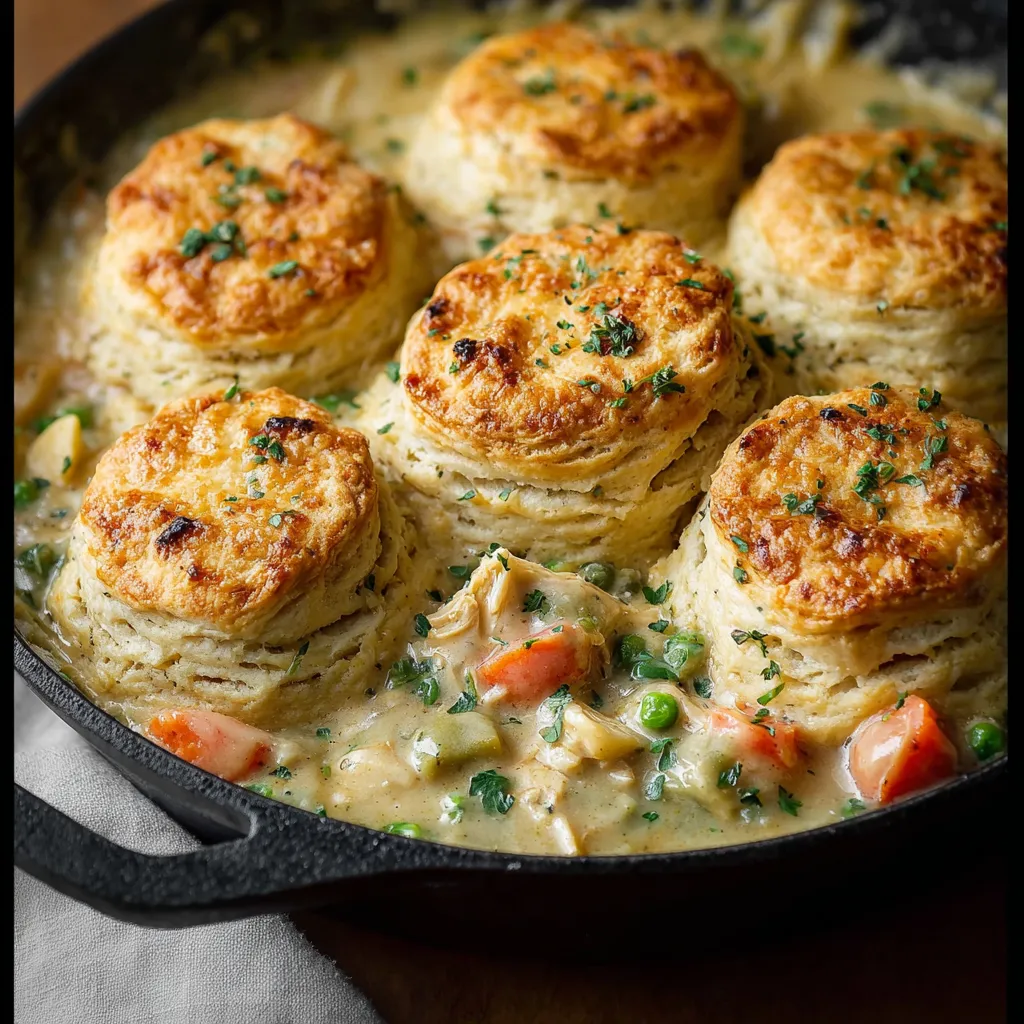 Close-up of a golden-brown Chicken Pot Pie With Biscuits, showcasing the flaky biscuit topping and creamy filling.