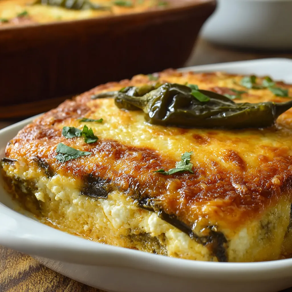 Close-up view of a freshly baked Chile Relleno Casserole, showcasing its cheesy topping and vibrant pepper filling.