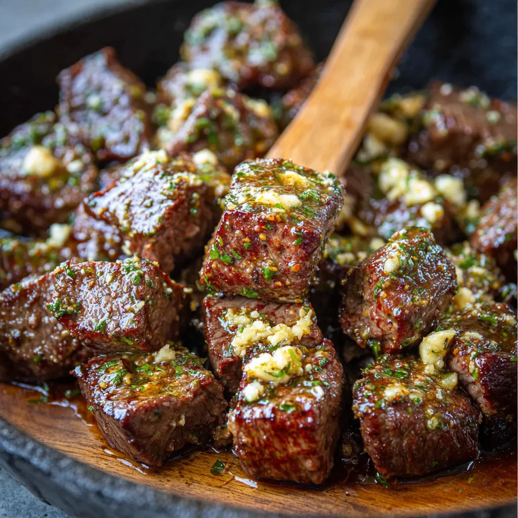 Close-up shot showcasing the juicy, flavorful Cowboy Butter Steak Bites, perfect as a delicious appetizer or main course.
