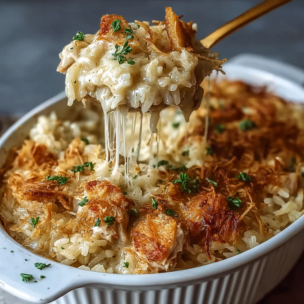 Close-up of the golden-brown top of a freshly baked French Onion Chicken Rice Bake, showcasing the melted cheese and caramelized onions.