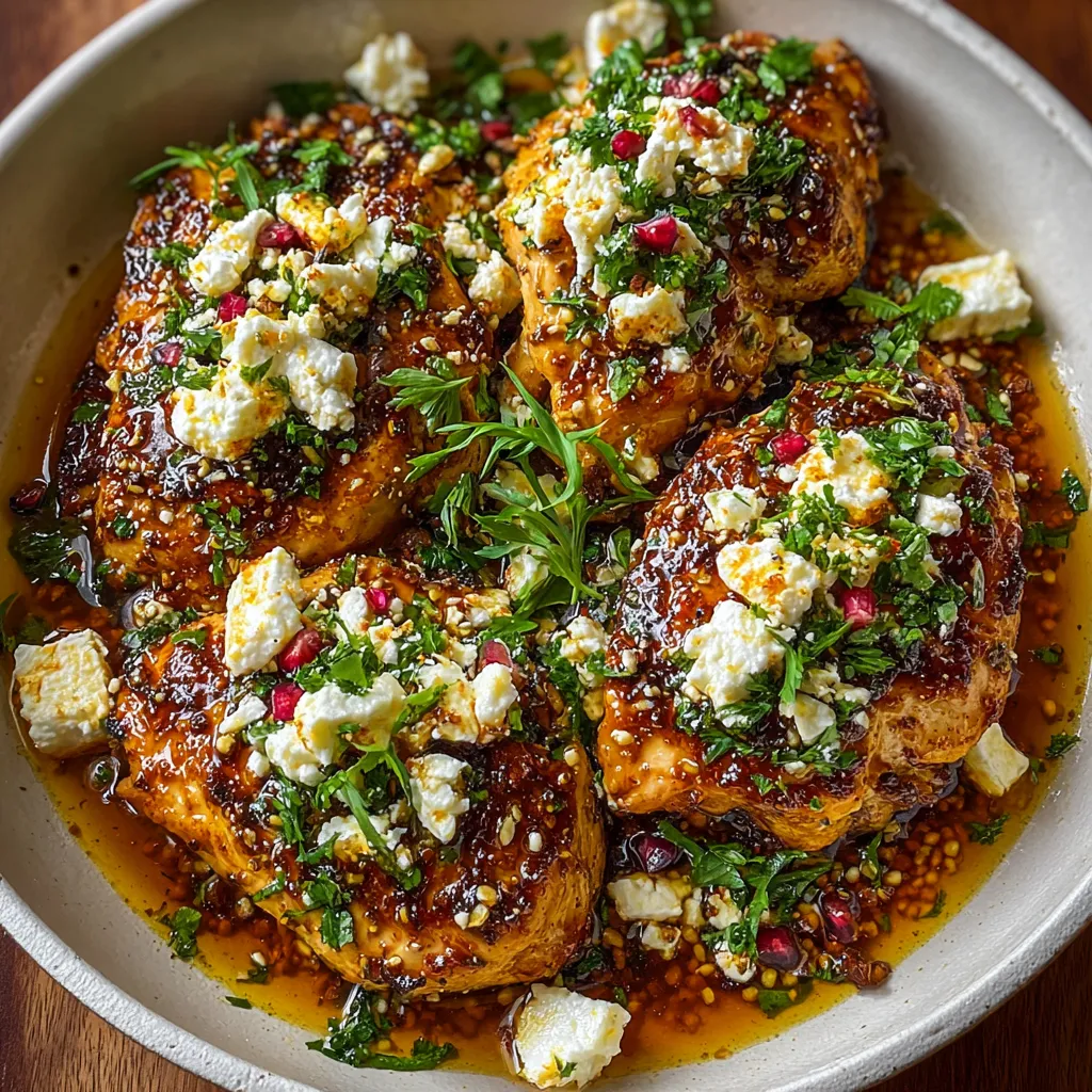 A close-up shot showcases the delectable Hot Honey Feta Chicken, highlighting the melted feta and glistening honey glaze.