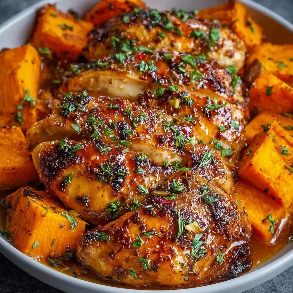 Close-up of savory Maple-Glazed Chicken With Sweet Potatoes, showcasing the glaze and roasted sweet potato pieces.