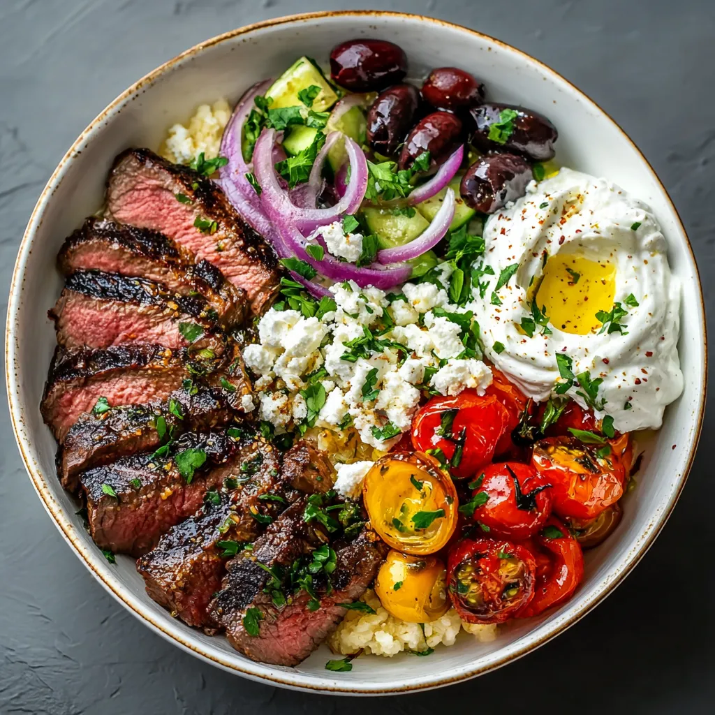 Close-up of a vibrant Mediterranean Steak Bowl featuring grilled steak, fresh vegetables, and a creamy sauce.