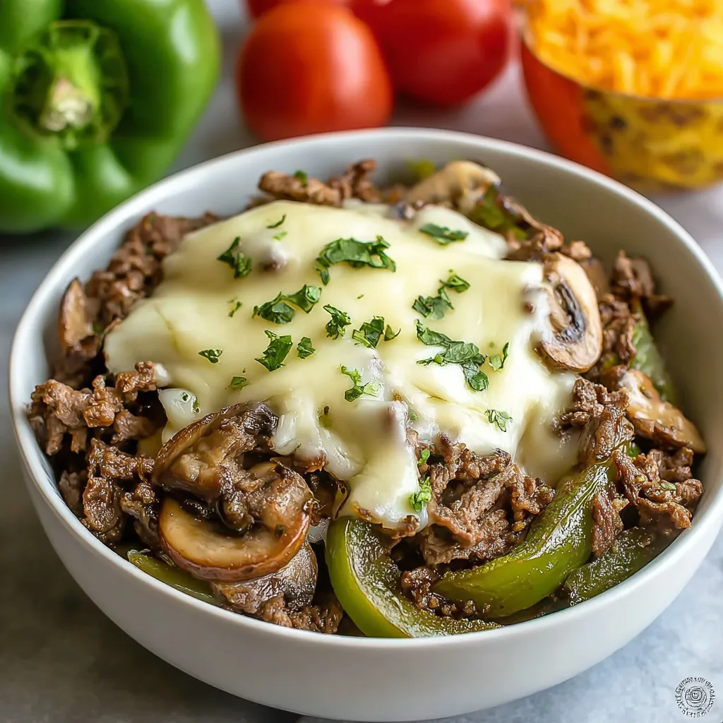A close-up shot showcasing the delicious layers of a Philly Cheesesteak Bowls recipe.