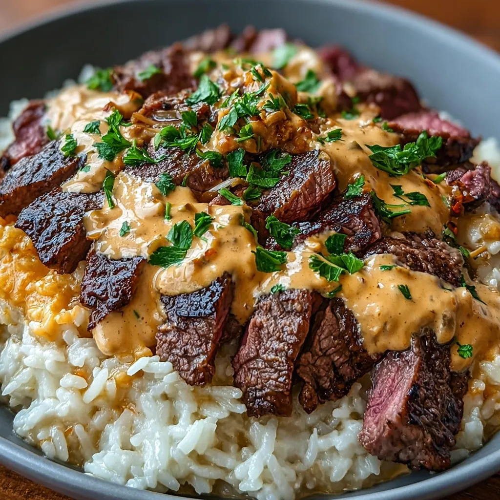 A close-up shot showcasing the creamy queso sauce and tender steak pieces in the Steak & Queso Rice dish.