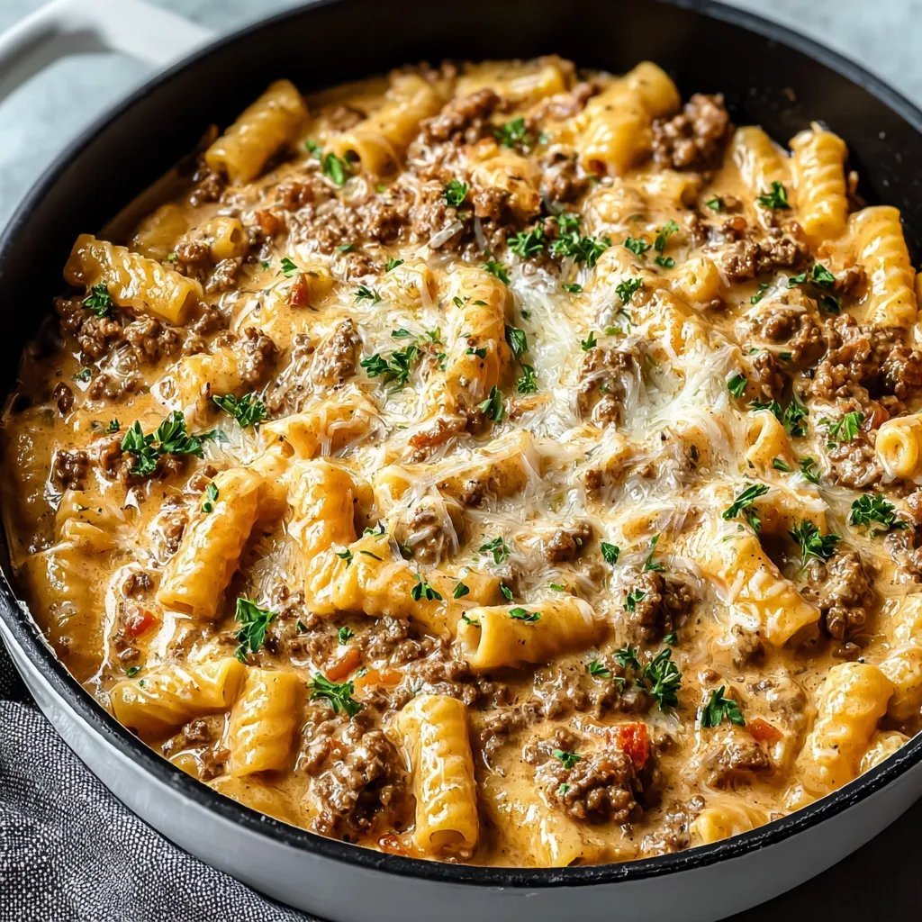 Close-up shot of a delicious Stovetop Creamy Ground Beef Pasta Dinner, showcasing the creamy sauce and perfectly cooked pasta.