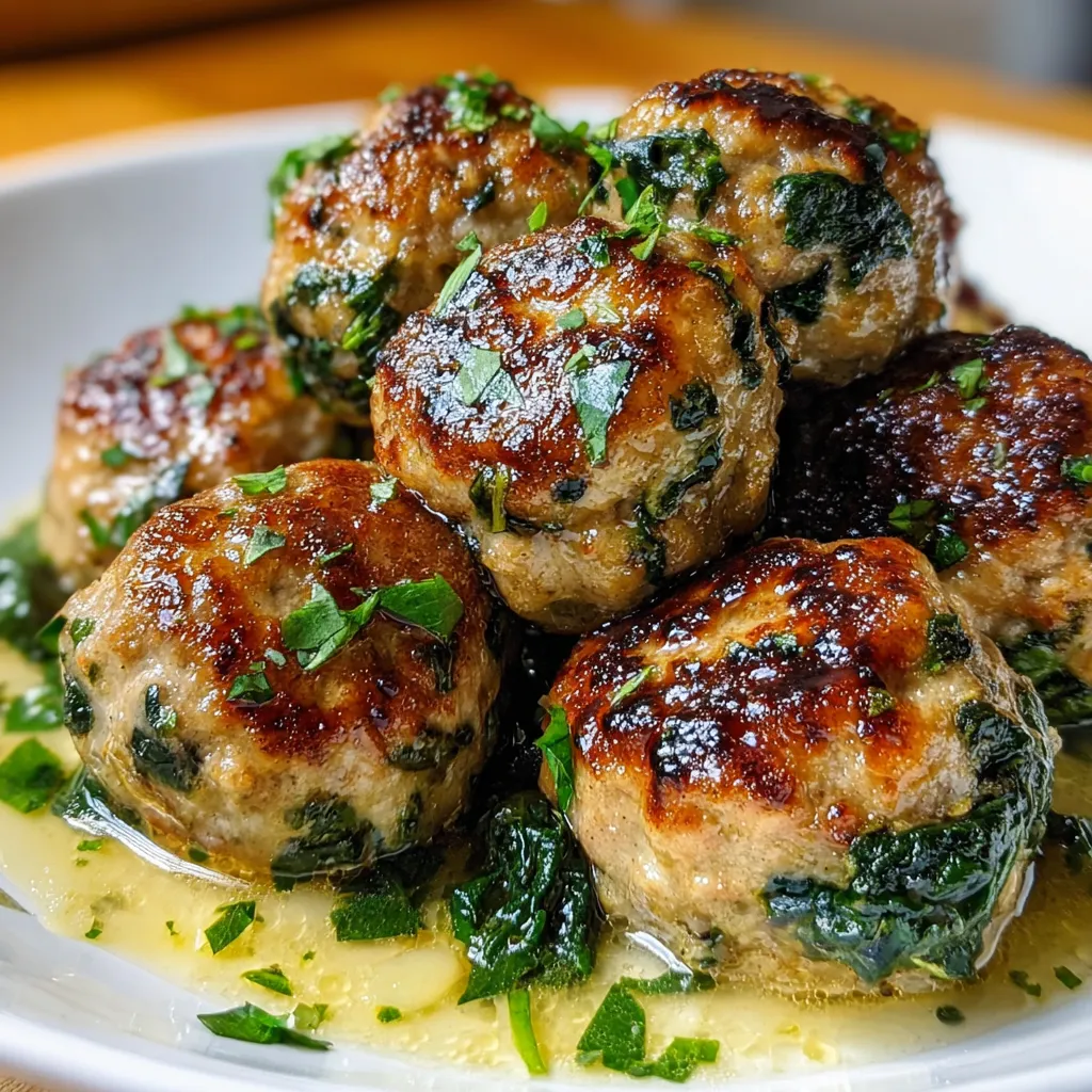 Close-up showing the texture and ingredients of juicy Turkey Spinach Meatballs.