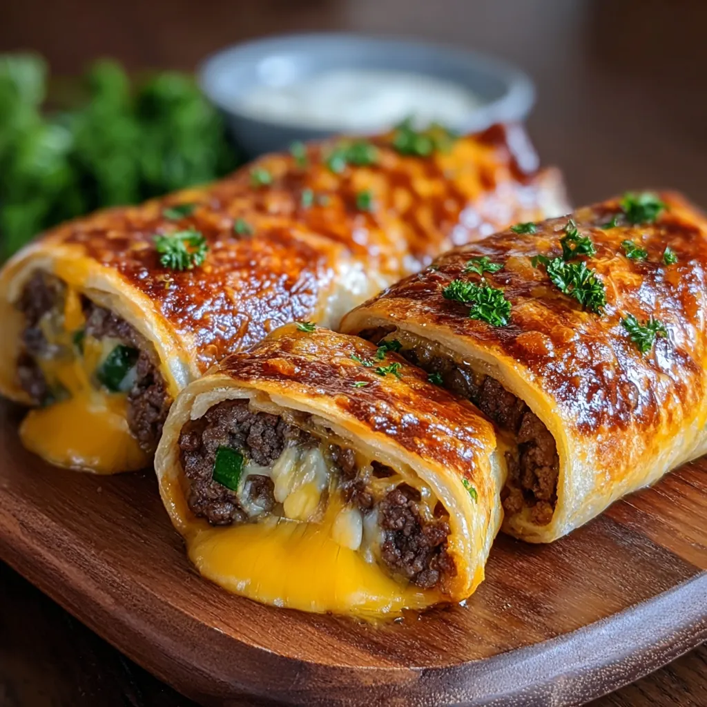 Close-up showing the delicious Garlic Butter Beef Cheeseburger Rollups, ready to be enjoyed.