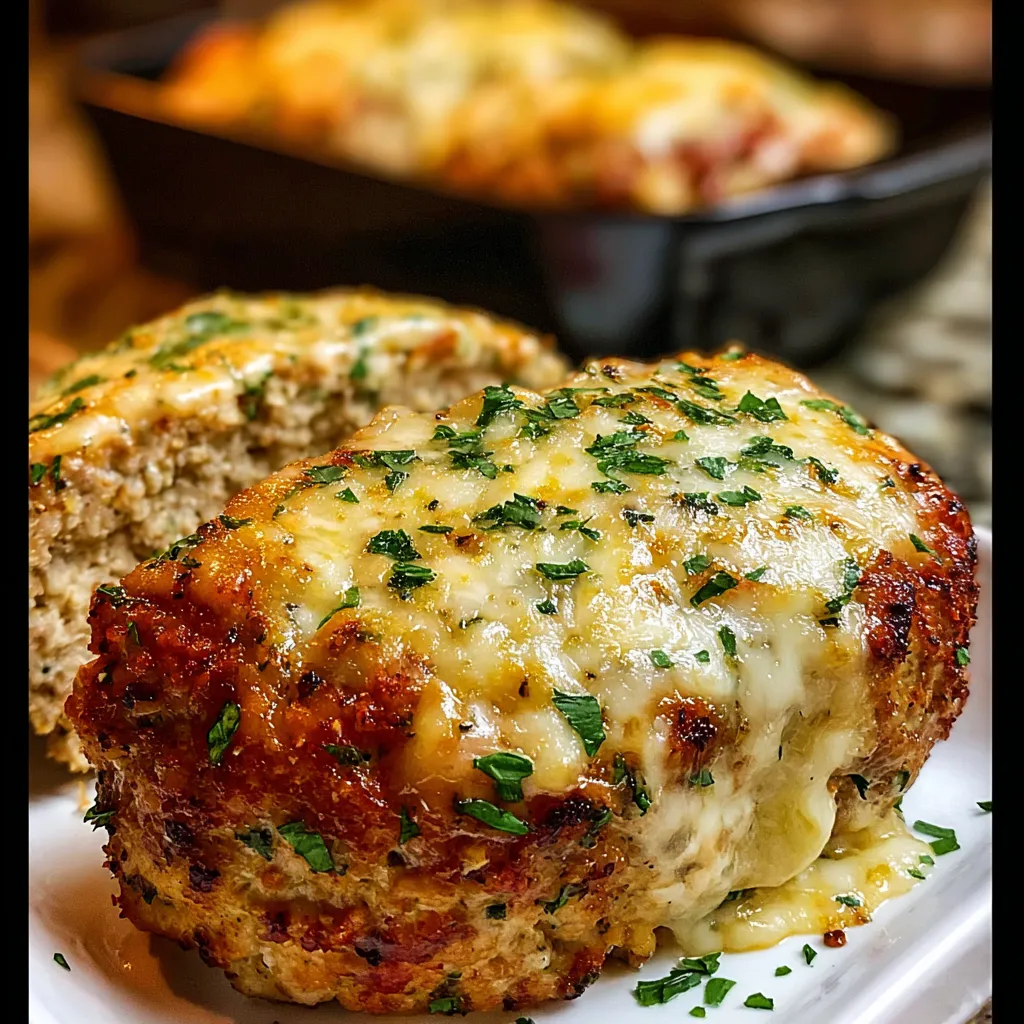 Garlic Parmesan Chicken Meatloaf Close-up view of a sliced Garlic Parmesan Chicken Meatloaf revealing its moist texture.