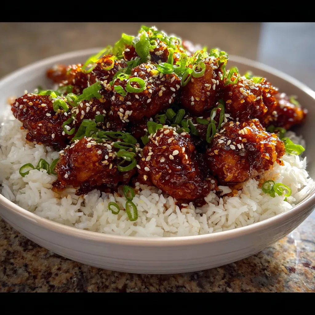 A close-up shot of glistening General Tso's Chicken, showcasing its crispy texture and vibrant sauce.