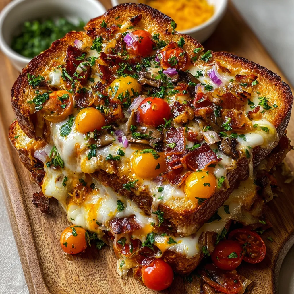 A close-up view of a bubbling, golden-brown Grilled Cheese Casserole ready to be served.