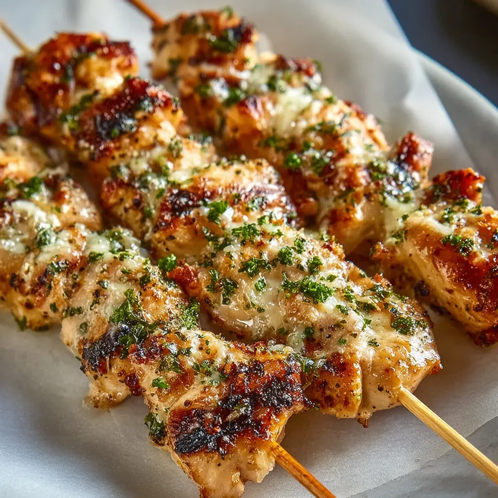 Close-up of freshly Grilled Ranch Garlic Parmesan Chicken Skewers, showcasing the delicious crust and juicy chicken.
