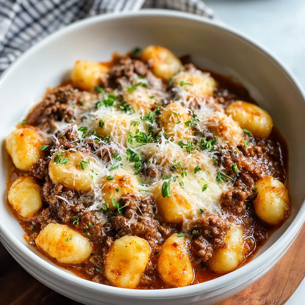 Close-up shot of a serving of delicious Ground Beef Gnocchi, showcasing the hearty sauce and tender pasta.