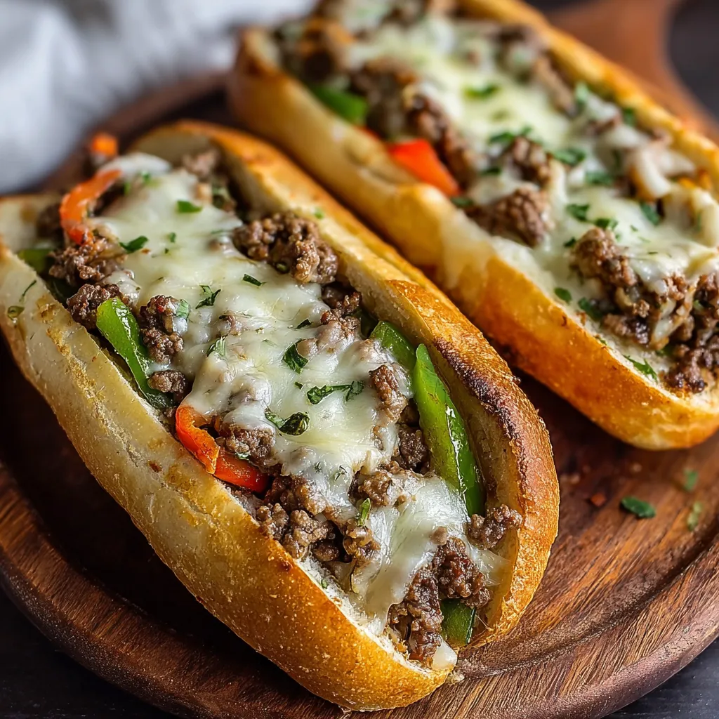 Close-up of juicy Ground Beef Philly Cheesesteaks, showcasing the melted cheese and flavorful beef filling.