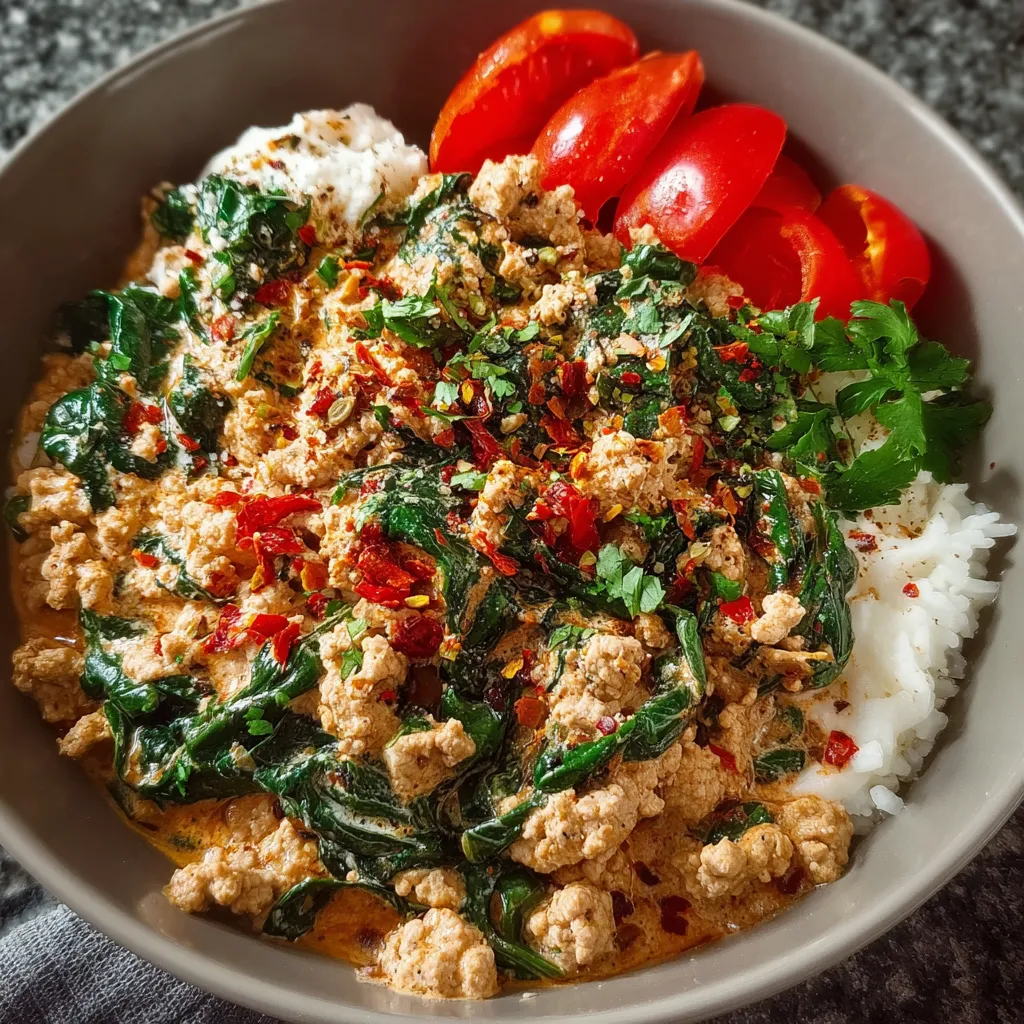 Close-up shot of a delicious Ground Turkey Spinach Bowl, showcasing its colorful ingredients.