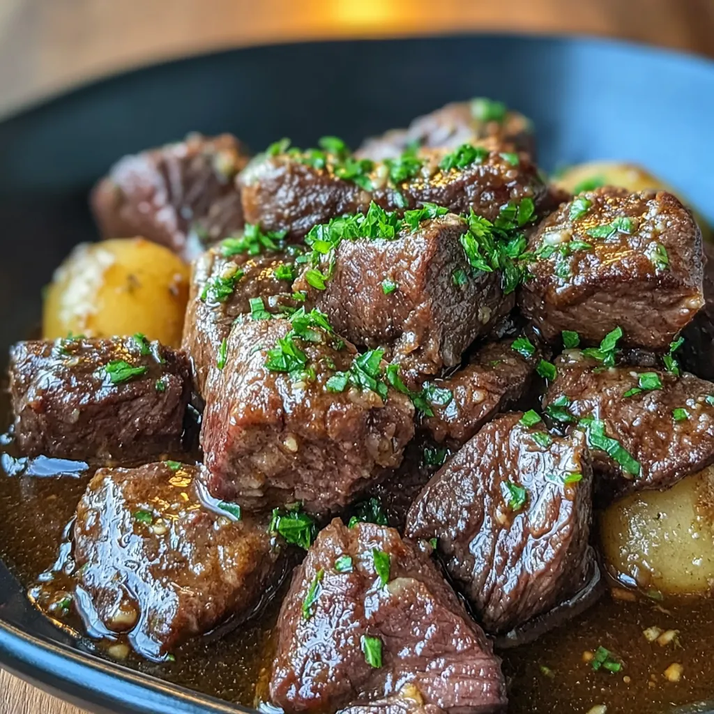 Close-up of delicious, tender High Protein Slow Cooker Garlic Butter Beef Bites, perfect for a satisfying and easy meal.
