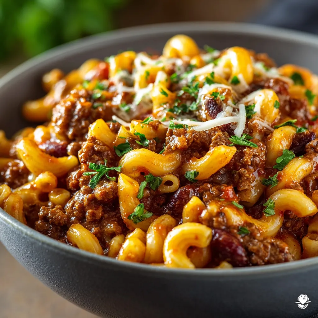 Close-up shot of a delicious bowl of Chili Mac, showcasing its cheesy, meaty goodness.