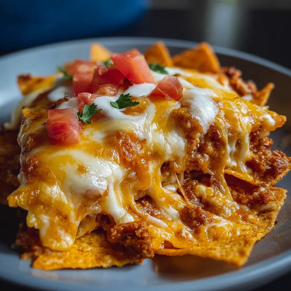 A close-up shot of a freshly baked Cheesy Dorito Casserole, showing the melted cheese and colorful Dorito topping.