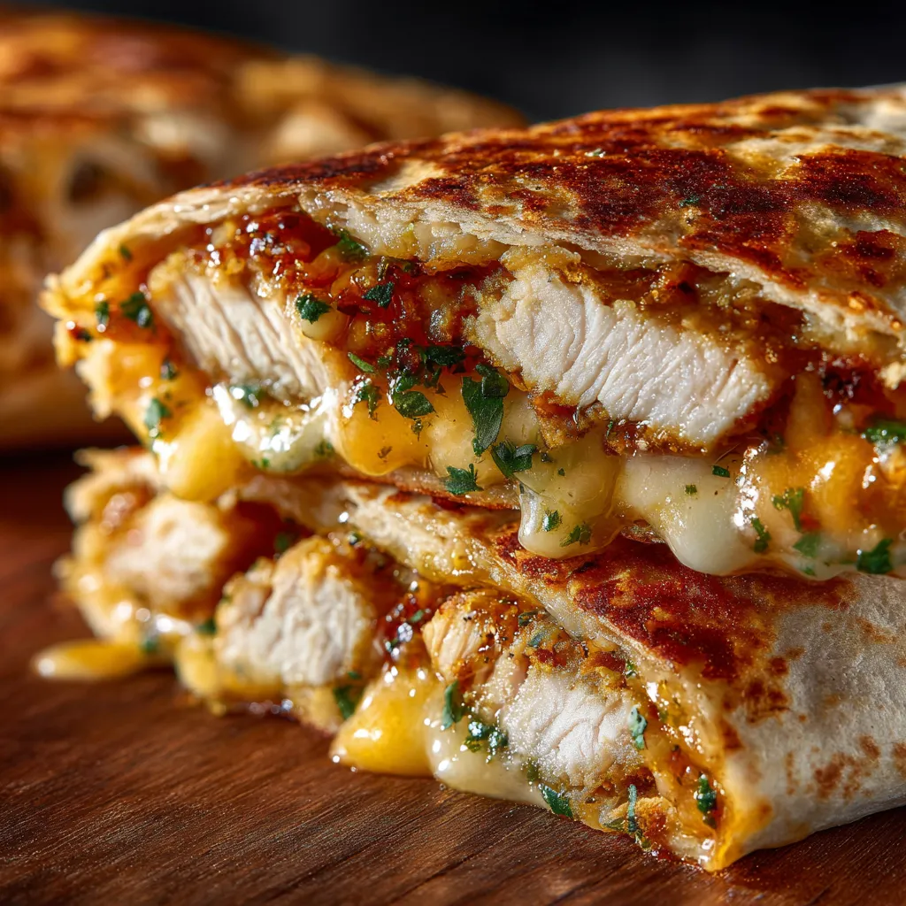 Close-up shot showcasing the delicious filling of Cheesy Garlic Chicken Wraps.