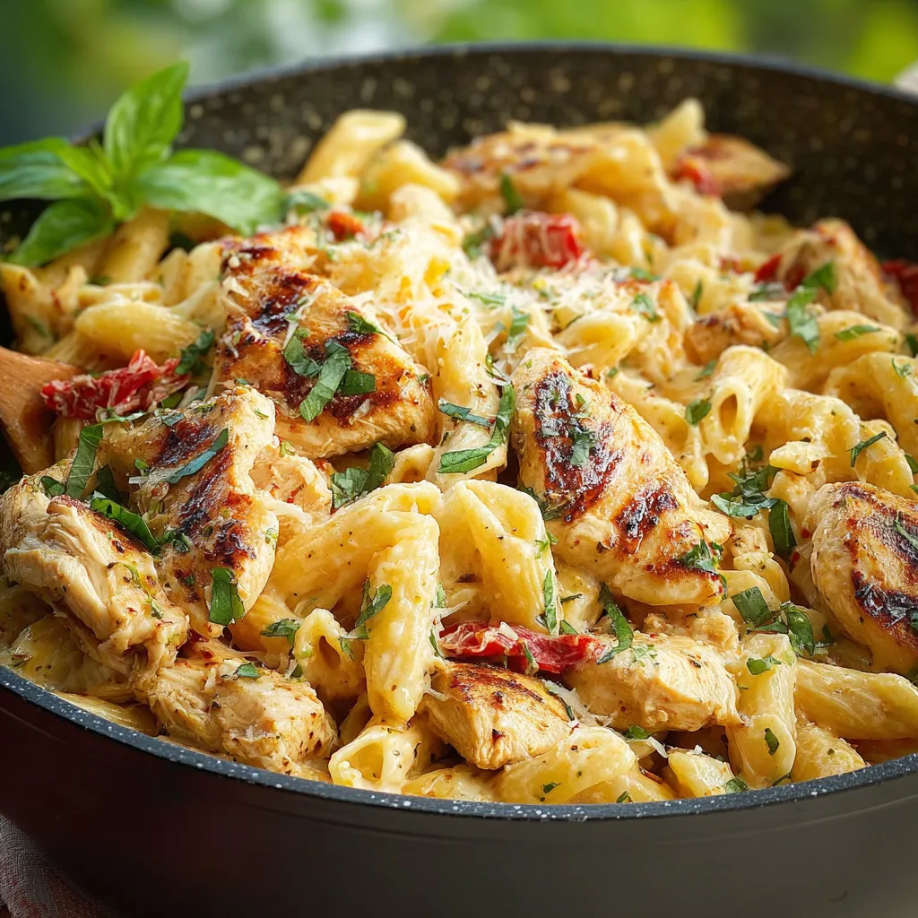 Close-up shot showcasing the delicious texture and ingredients of the Chicken Pasta dish.