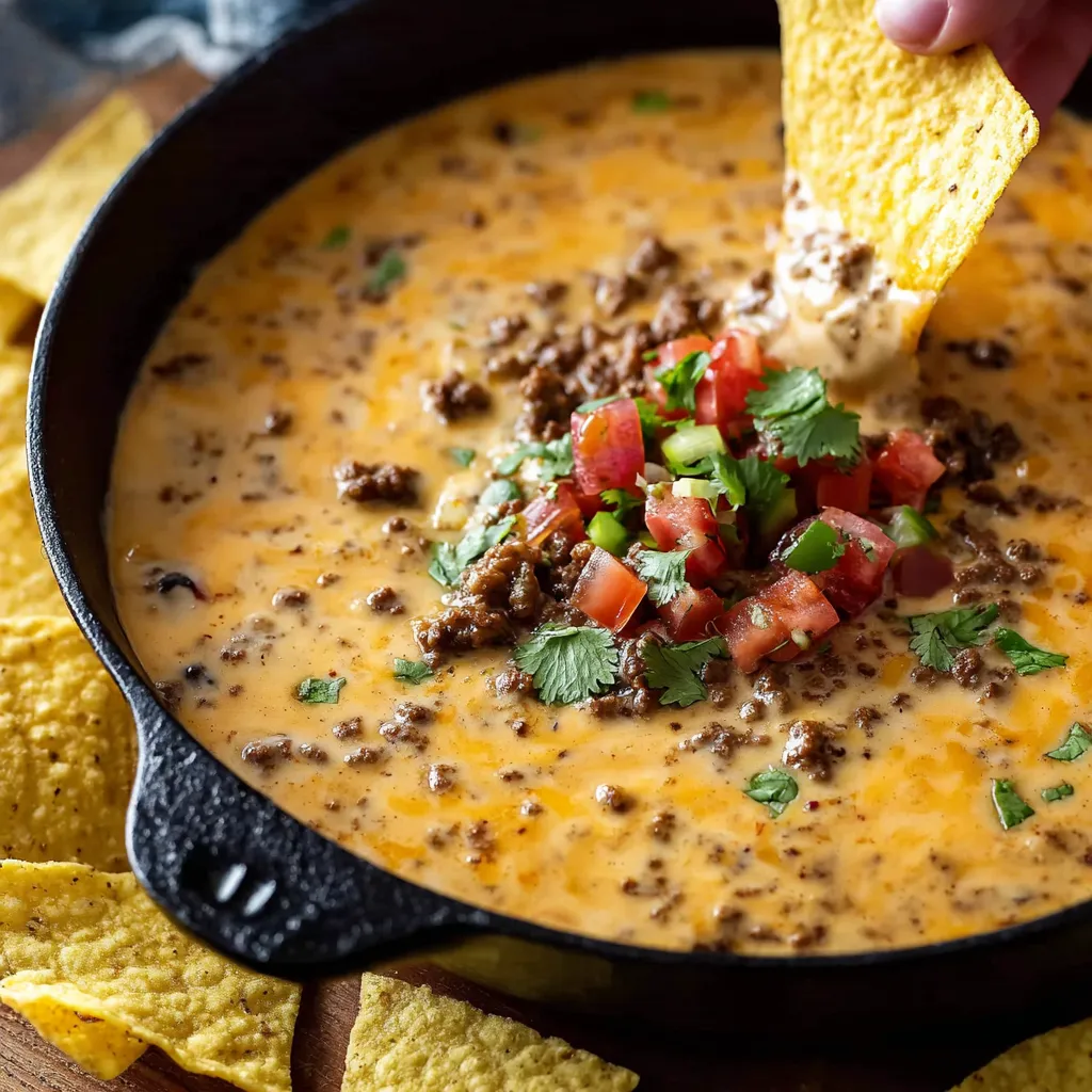 A close-up shot showcases the creamy texture and delicious toppings of the freshly made Cowboy Queso.