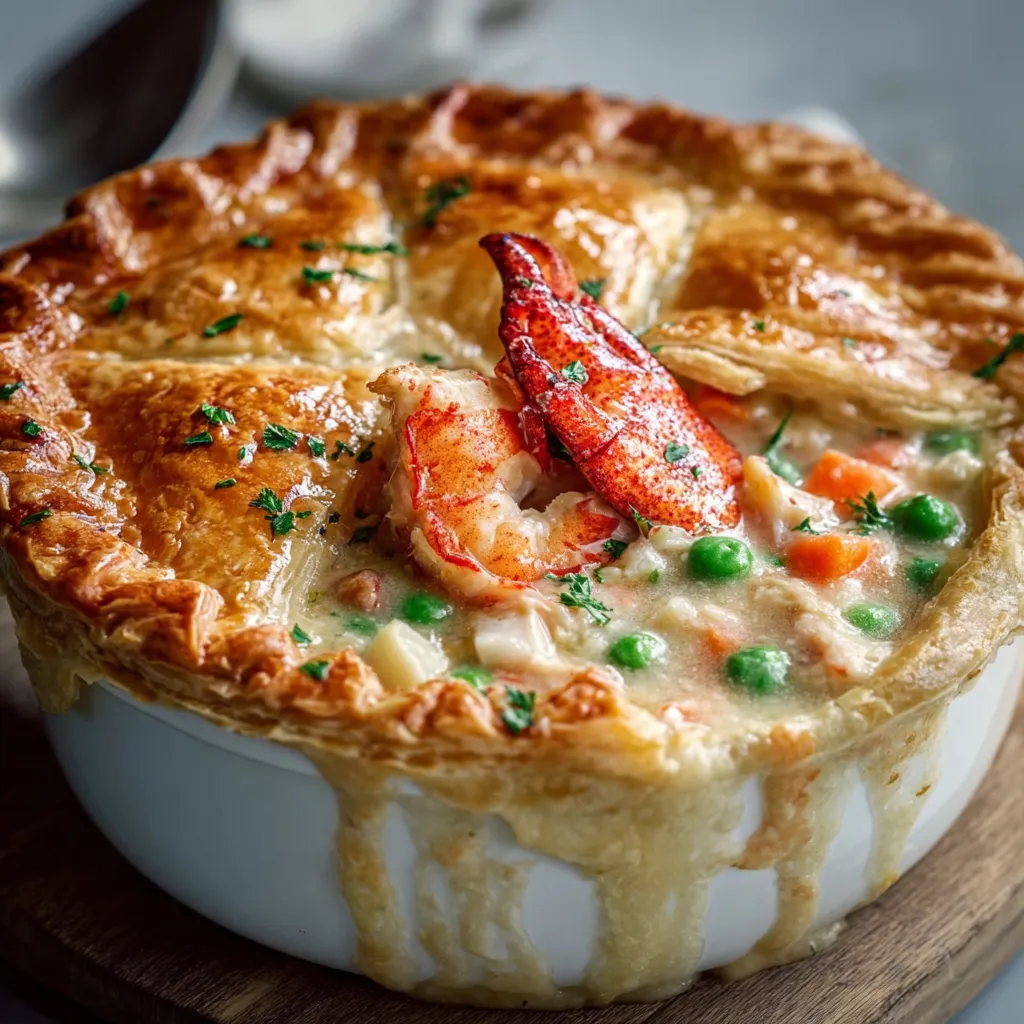 A close-up shows a freshly baked Lobster Pot Pie with a golden-brown, flaky crust, steaming and ready to serve.