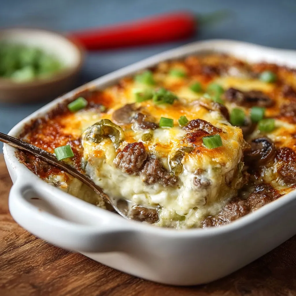 Close-up view of a freshly baked Philly Cheesesteak Casserole, showcasing the melted cheese and browned bread topping.