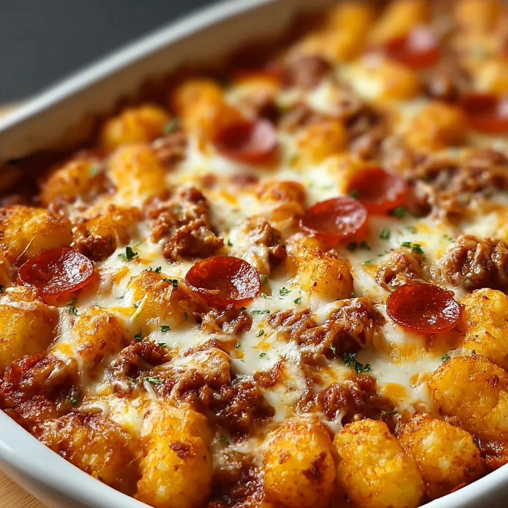 Close-up shot of a freshly baked Pizza Tot Casserole, showing the melted cheese and crispy tater tots.