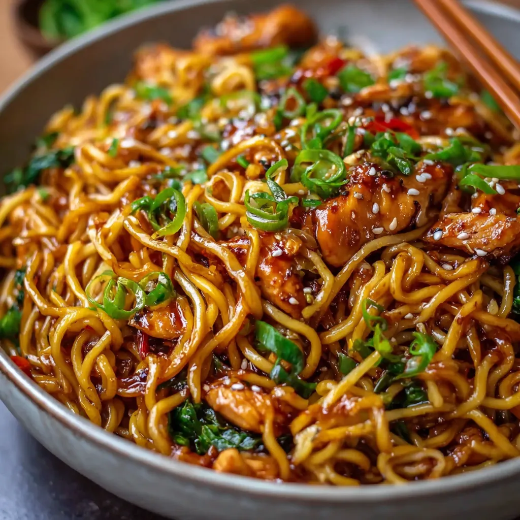 Close-up shot of delicious Sticky Garlic Chicken Noodles showcasing the glistening sauce and tender chicken pieces.