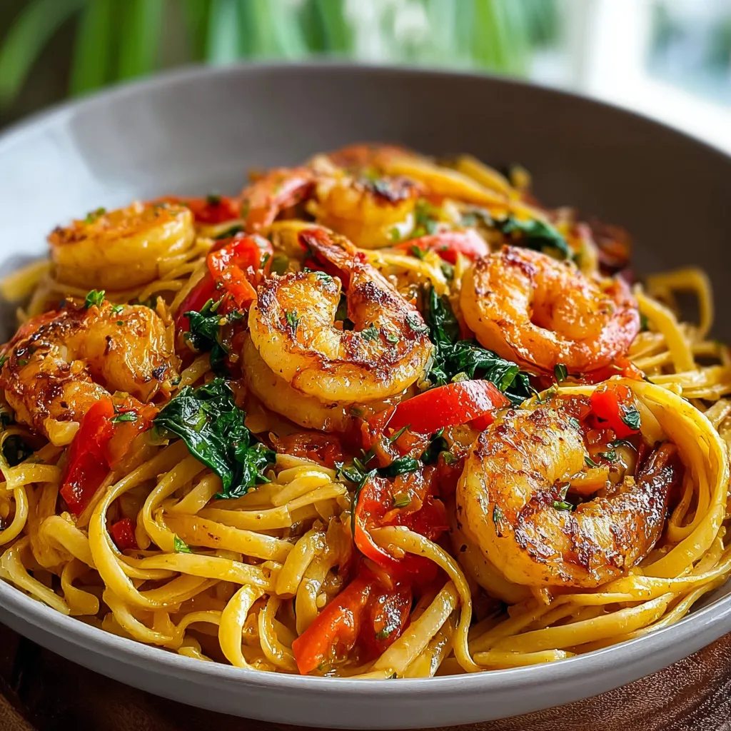 Close-up showcasing the vibrant colors and textures of freshly prepared Jamaican Shrimp Pasta.