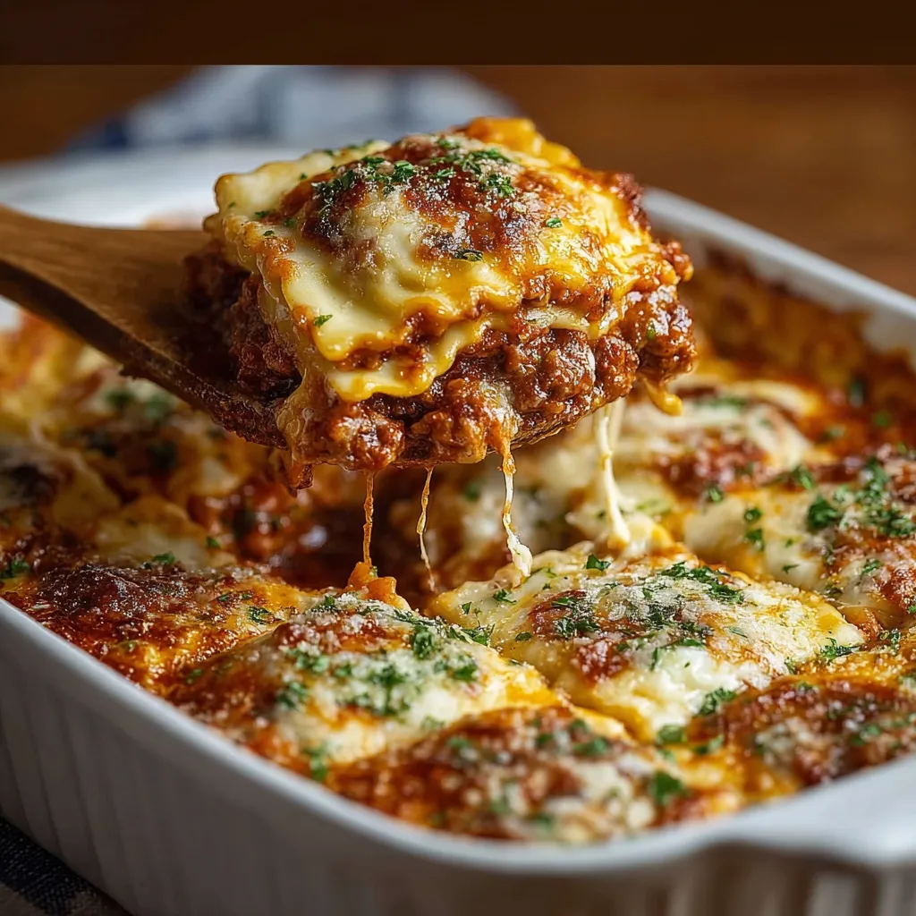 A bubbling Million Dollar Ravioli Casserole, fresh from the oven, showcases its cheesy, golden-brown topping.