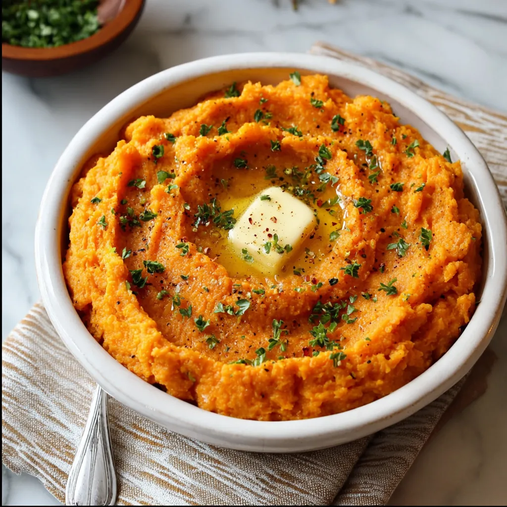 Close-up of creamy Mashed Sweet Potatoes, showcasing their smooth texture and vibrant orange color.