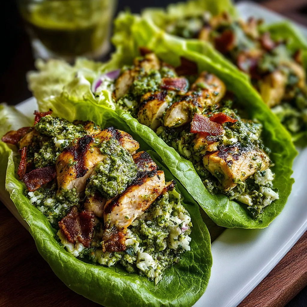 Close-up shot of flavorful Pesto Chicken Lettuce Wraps ready to be enjoyed.