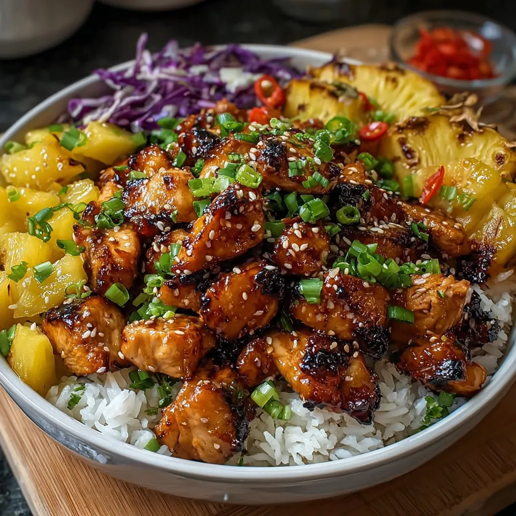 Close-up shot of delicious Pineapple Teriyaki Chicken Bowls, highlighting the juicy pineapple and glazed chicken.