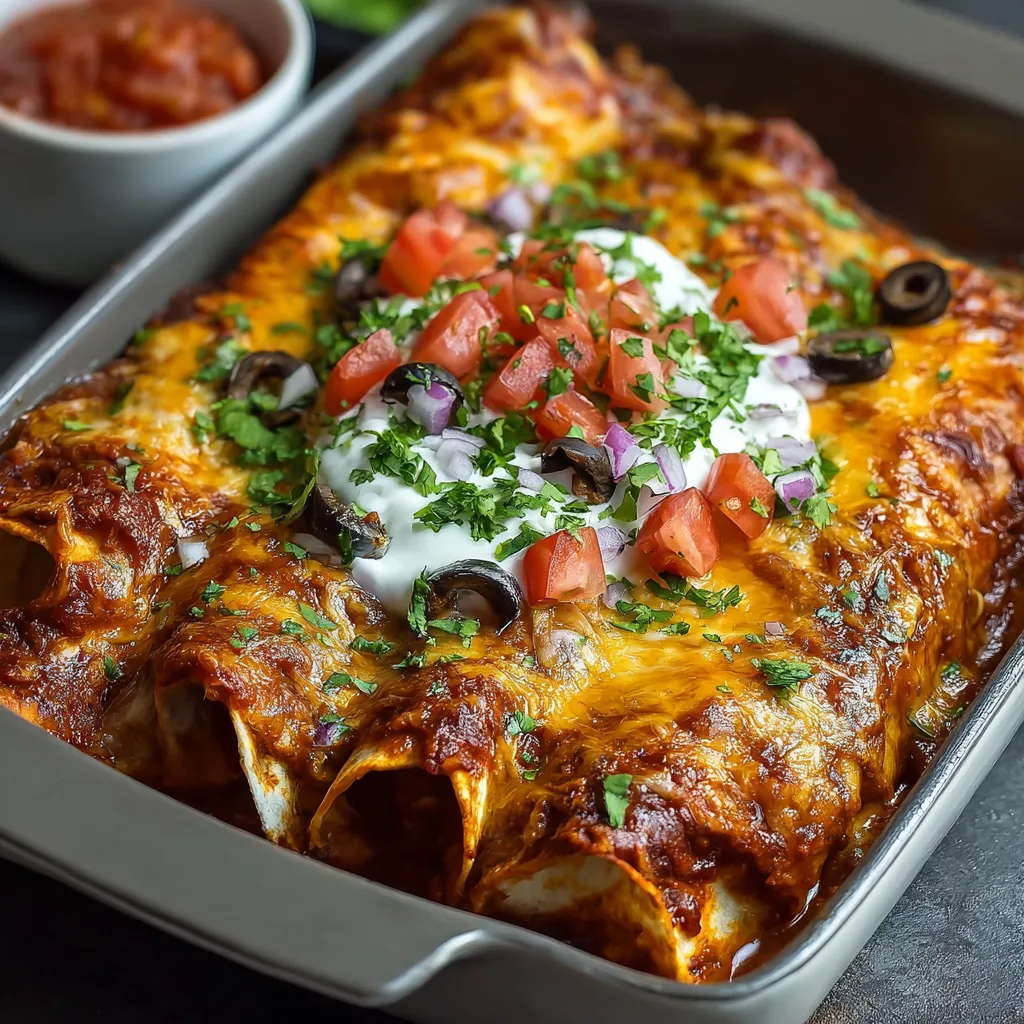 A close-up shot showcases the cheesy, saucy goodness of freshly baked Pizza Enchiladas.