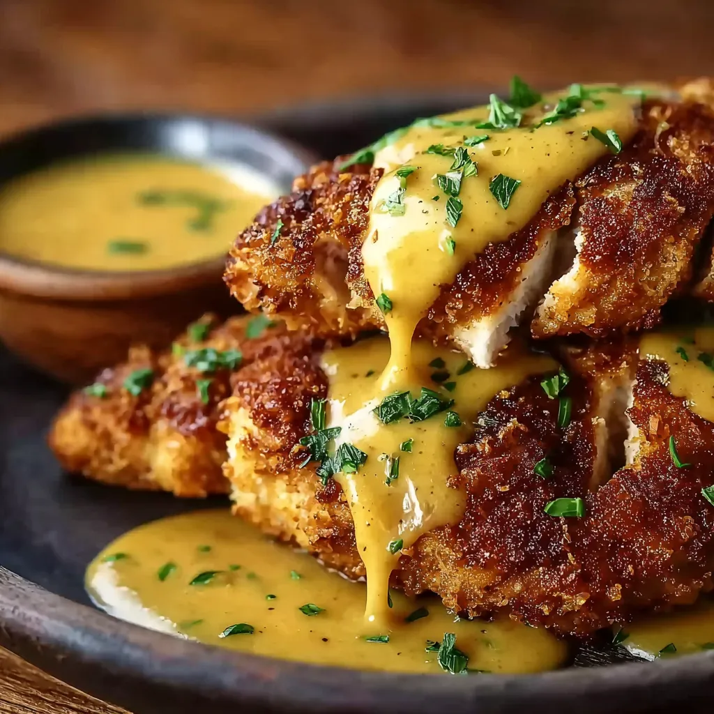 Close-up shot of crispy golden Pretzel Chicken With Mustard-Cheddar Sauce, showcasing its crunchy pretzel coating and creamy sauce.