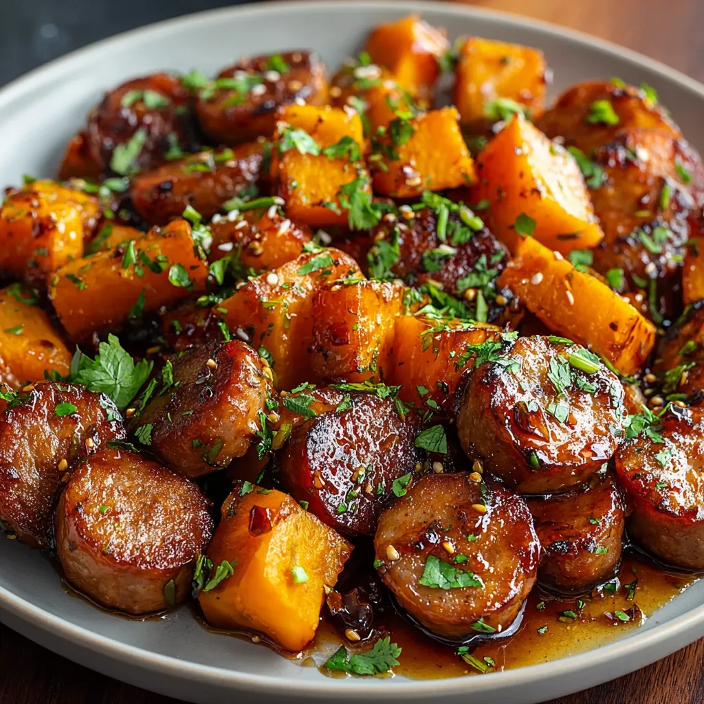 A close-up shows a delicious pan of Sausage And Sweet Potatoes With Honey Garlic Sauce, ready to be served.