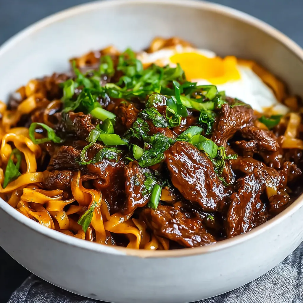 Close-up view of delicious Slow Cooker Korean Beef Noodles, ready to serve.