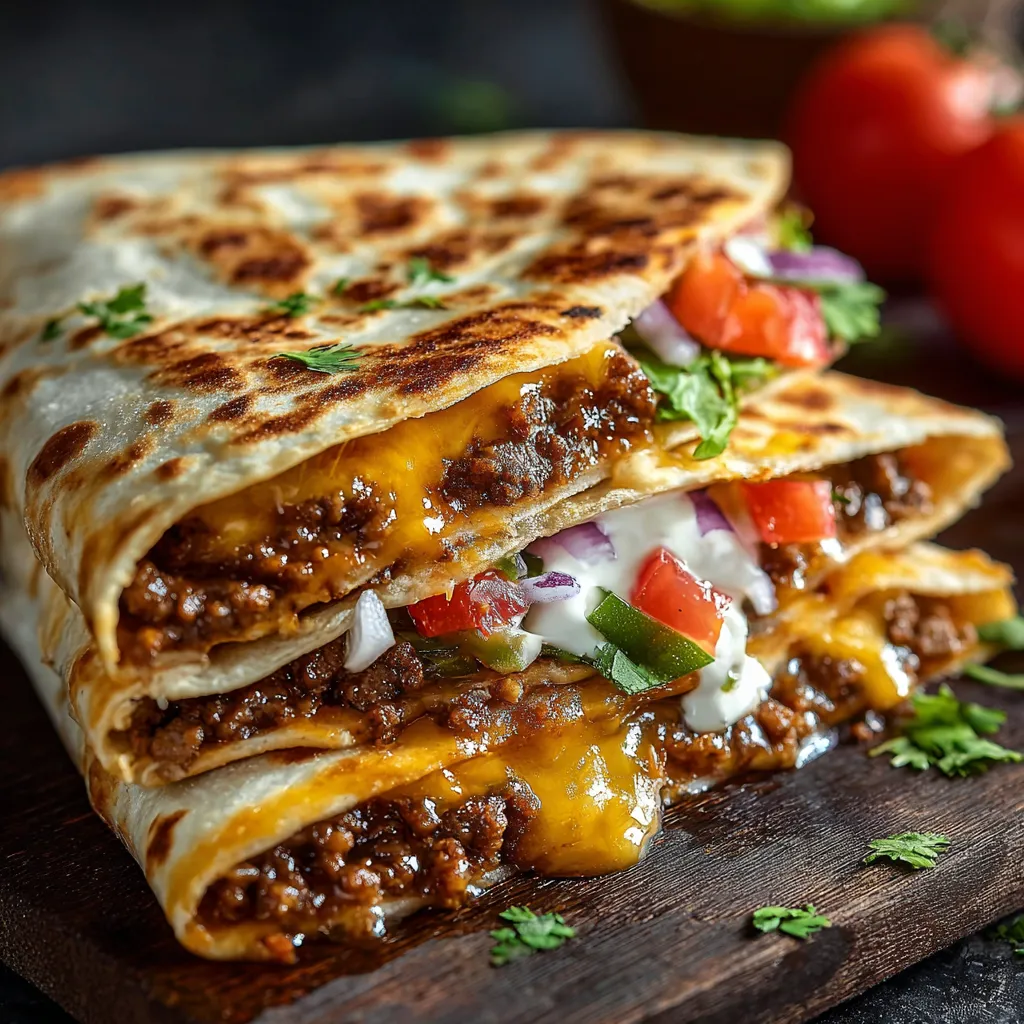 Close-up shot of perfectly melted cheese oozing from delicious Smashburger Quesadillas.