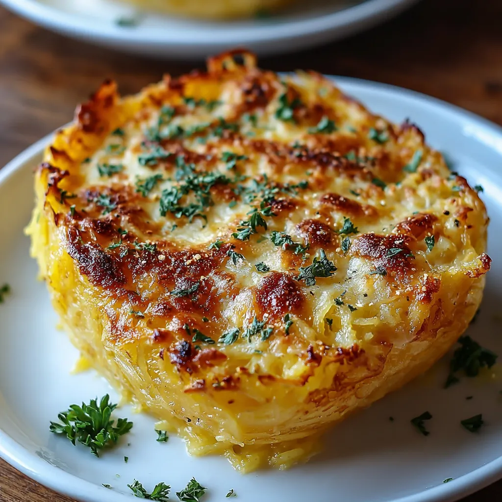 Close-up shot of creamy Spaghetti Squash Au Gratin with a golden-brown crust, ready to be served.