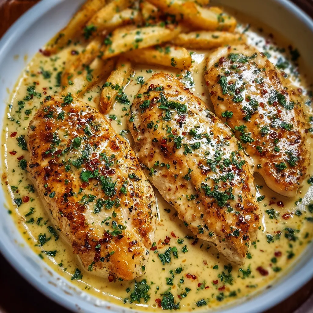 Close-up of a juicy Spicy Chicken Fillet in Creamy Garlic-Parmesan sauce, showcasing the dish's rich texture and vibrant colors.