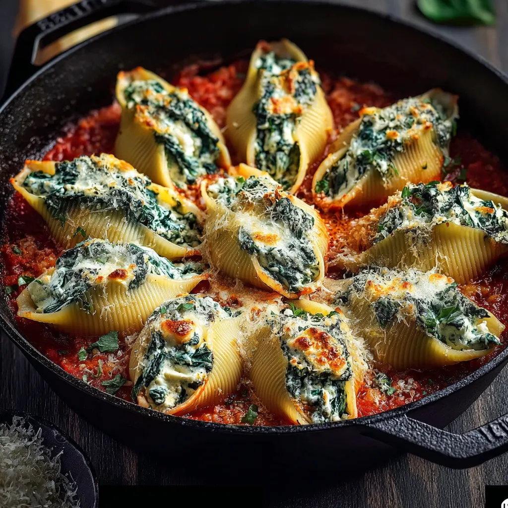 Close-up view of cheesy, baked Spinach Ricotta Stuffed Shells, perfect for a comforting Italian meal.
