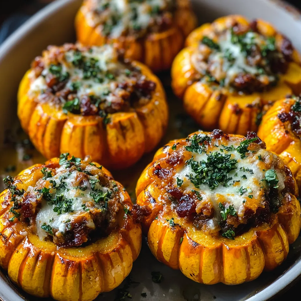 A close-up shot showcases the colorful and delicious filling inside halved Stuffed Mini Pumpkins, ready to be served.