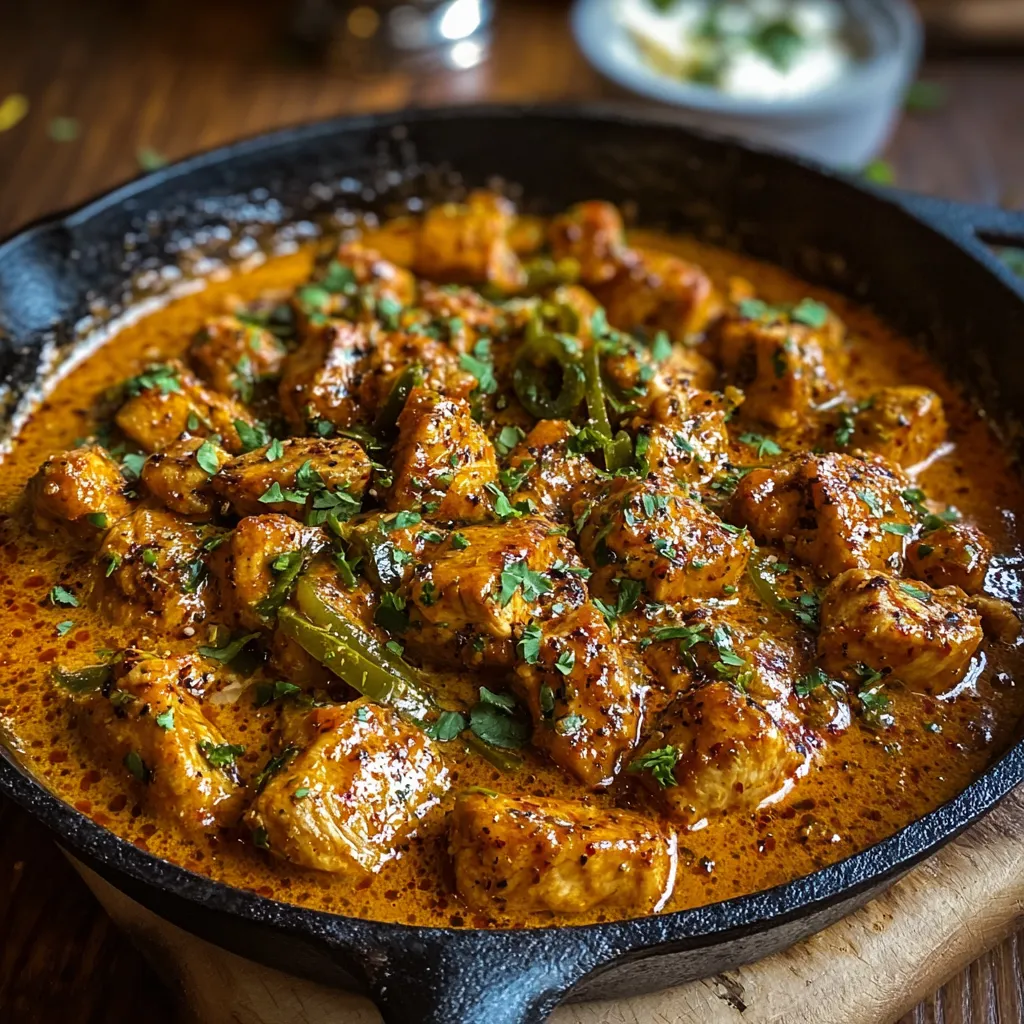 Close-up view of the creamy and delicious Texas Roadhouse Butter Chicken Skillet, showcasing its rich sauce and tender chicken pieces.