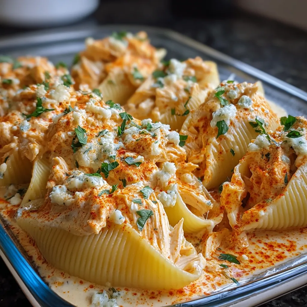 A close-up shows delicious Buffalo Chicken Stuffed Shells with a creamy sauce and visible chicken filling, ready to be served.