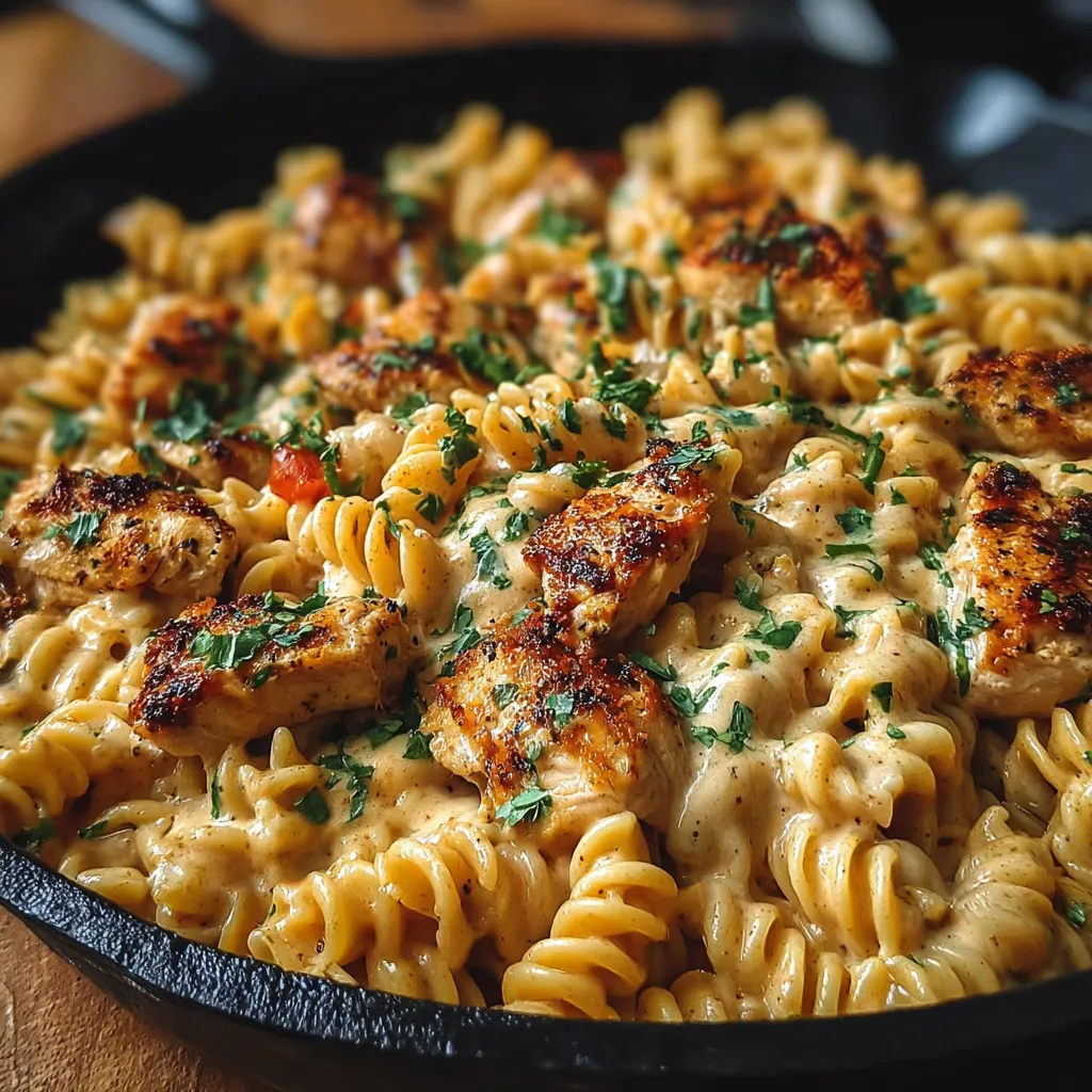 Close-up shot of a delicious Cheesy Cajun Chicken Rotini Skillet, showcasing the creamy sauce and colorful ingredients.