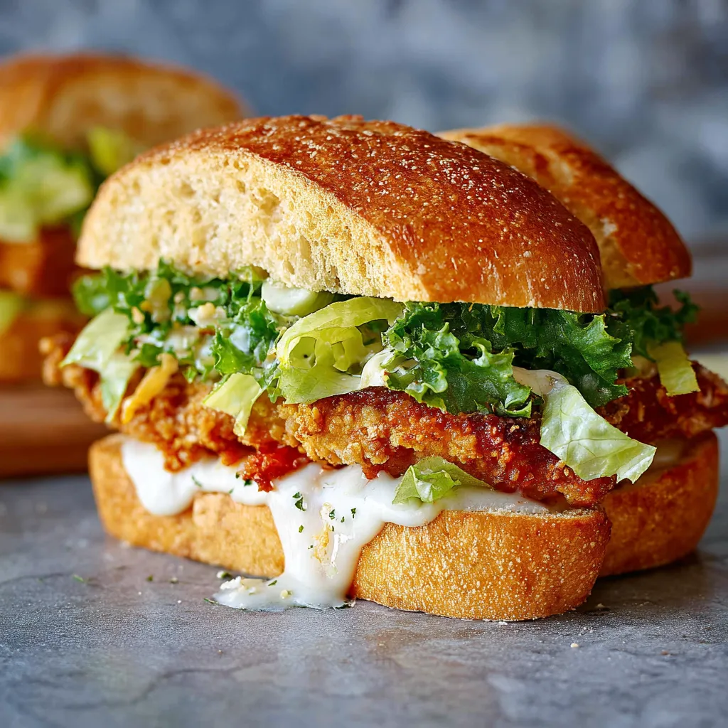 Close-up shot showcasing the delicious layers of a Chicken Caesar Sandwich.