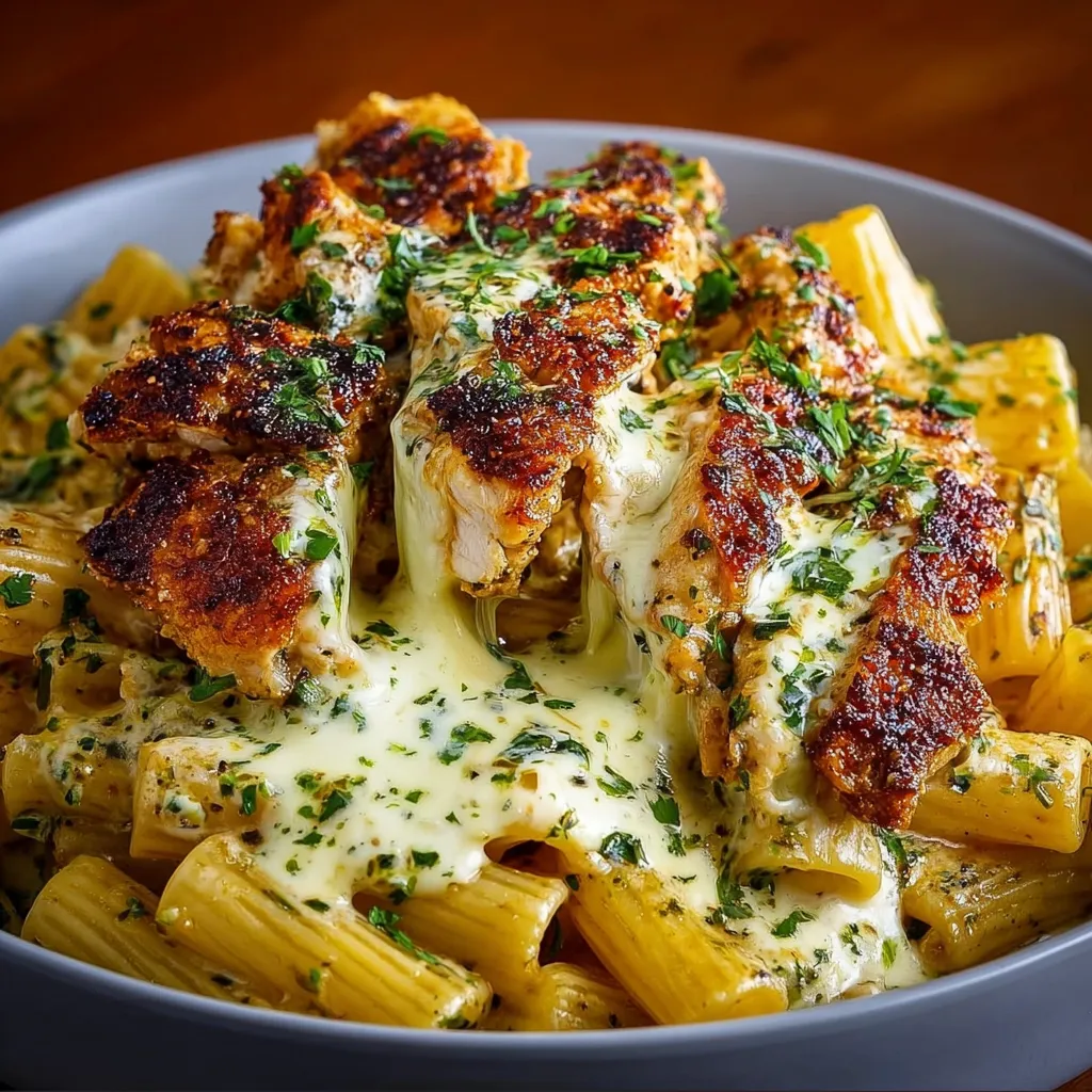 Close-up view of a delicious plate of Chicken Rigatoni, showcasing the creamy sauce and perfectly cooked pasta.