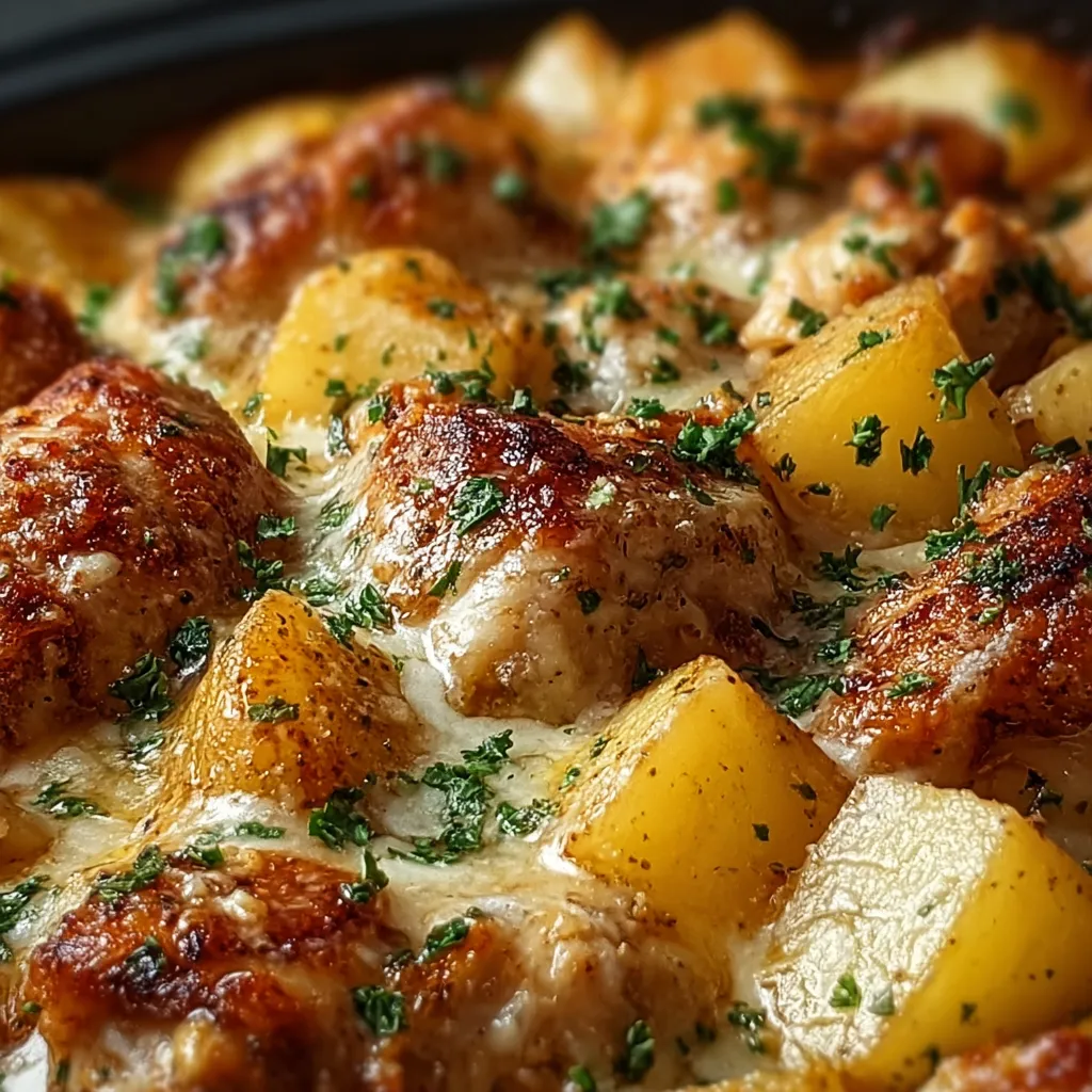 Close-up view of the delicious Garlic Parmesan Crockpot Chicken And Potatoes after being cooked in the slow cooker.