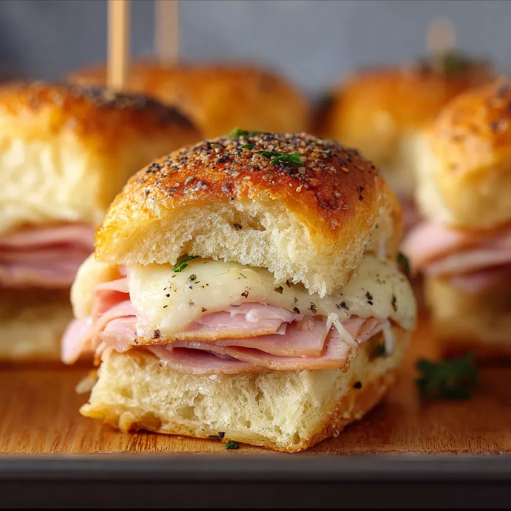 Close-up view of delicious Ham And Havarti Cheese Sliders stacked on a plate, showcasing the melted cheese and layers of ham.